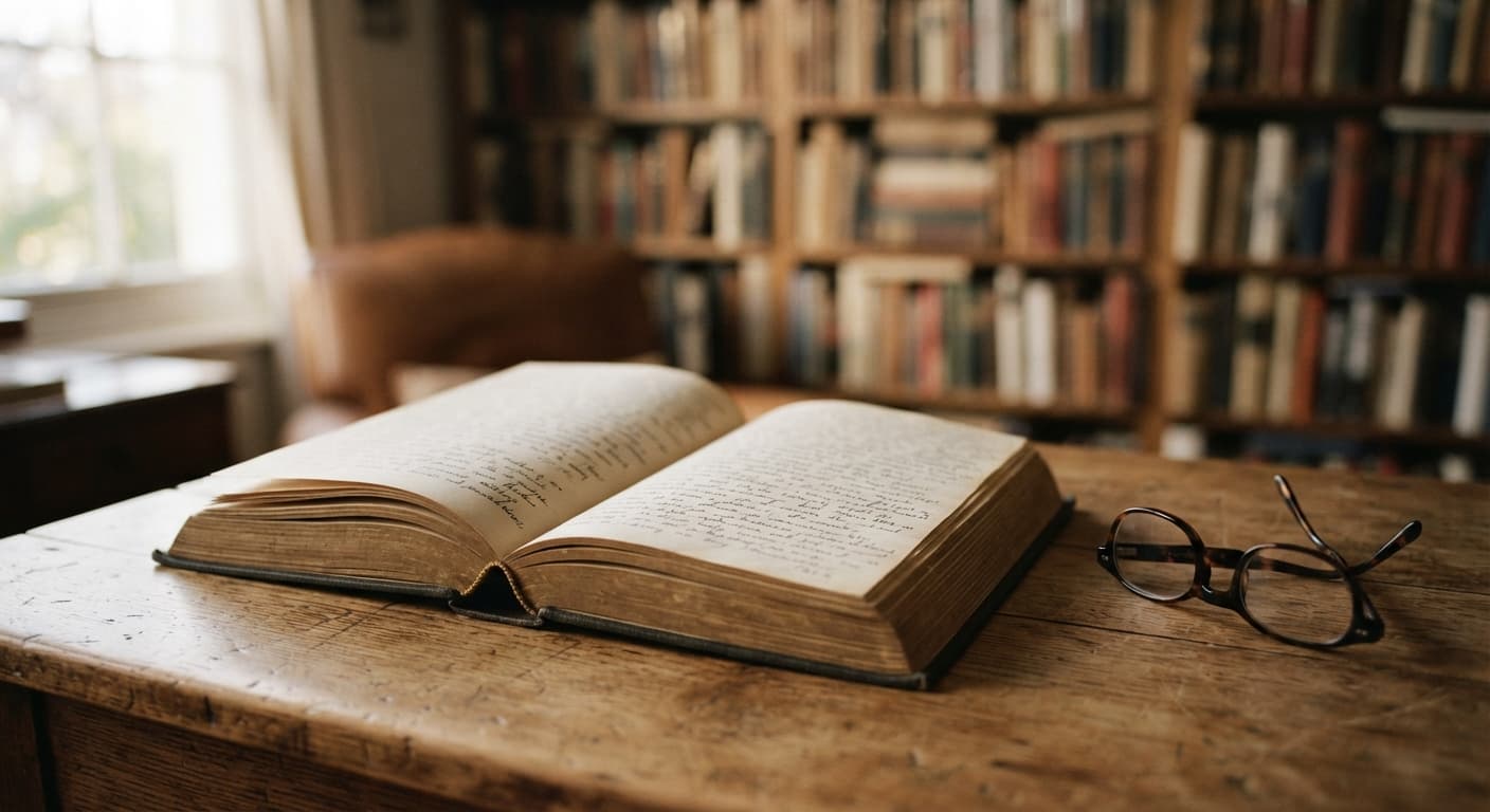Un livre relié ouvert sur un bureau en bois, dans une bibliothèque chaleureuse
