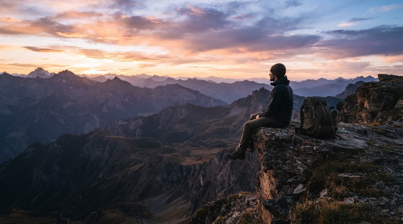 Une personne assise au bord d'une falaise au coucher du soleil, sac à dos à ses côtés