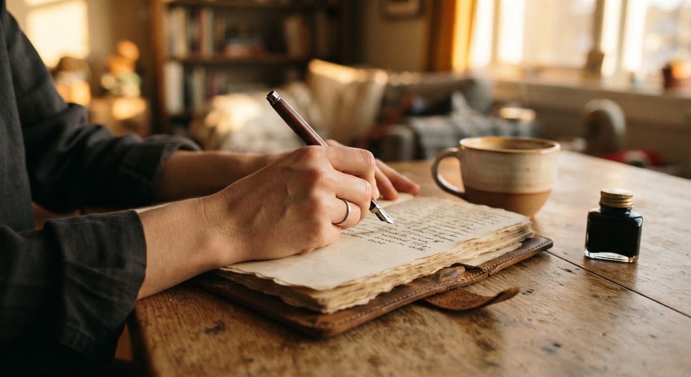 Des mains écrivant dans un carnet en cuir, à la lumière chaude du soir