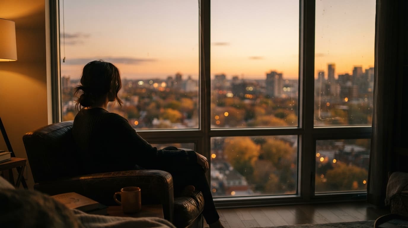 Une personne seule face à la fenêtre, au coucher du soleil