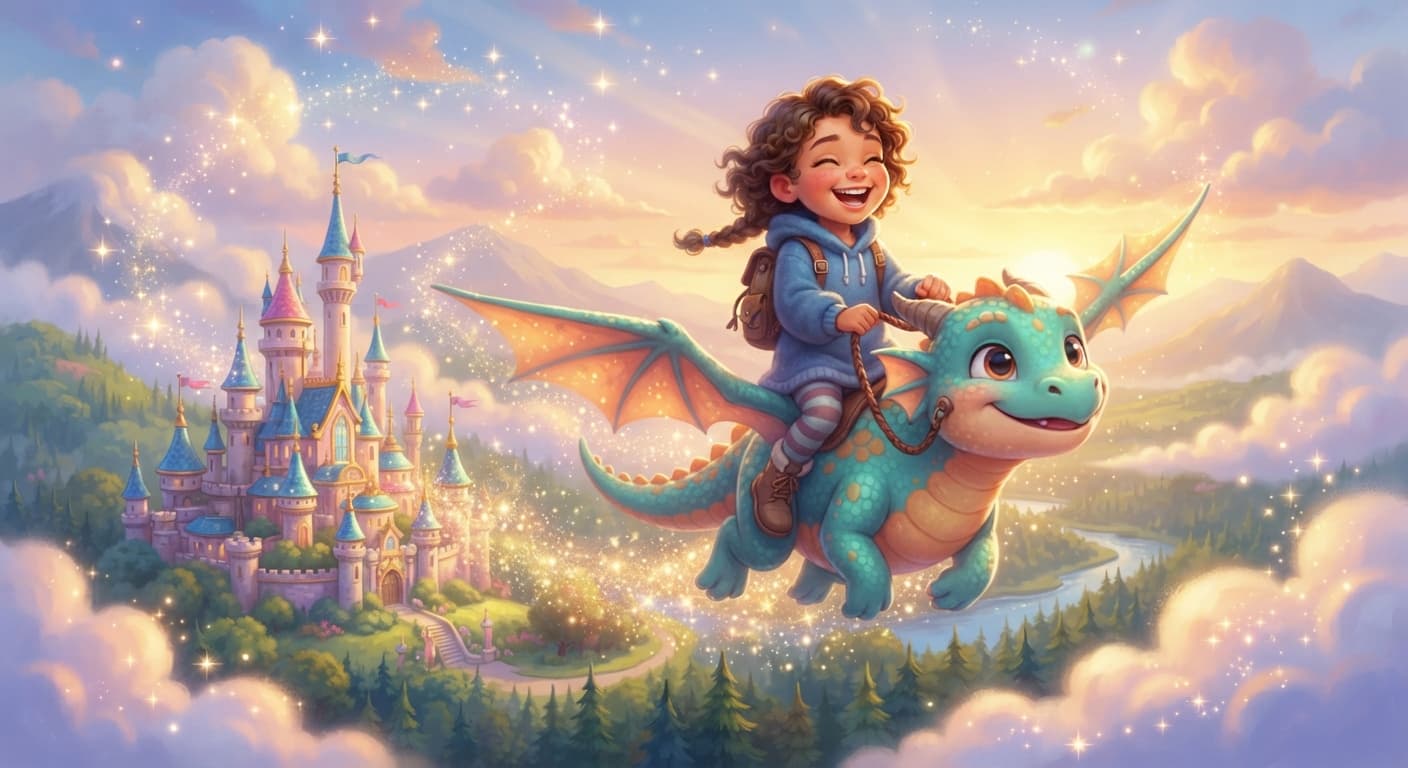 Un enfant héros de son propre livre illustré, chevauchant un dragon près d'un château féerique
